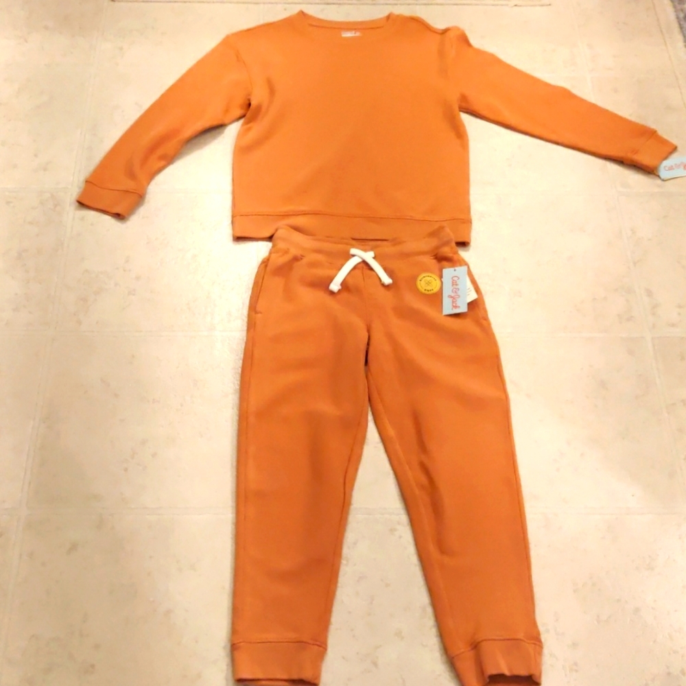 New! Cat & Jack cotton Boys jogger pants and sweater orange set sz S 6/7